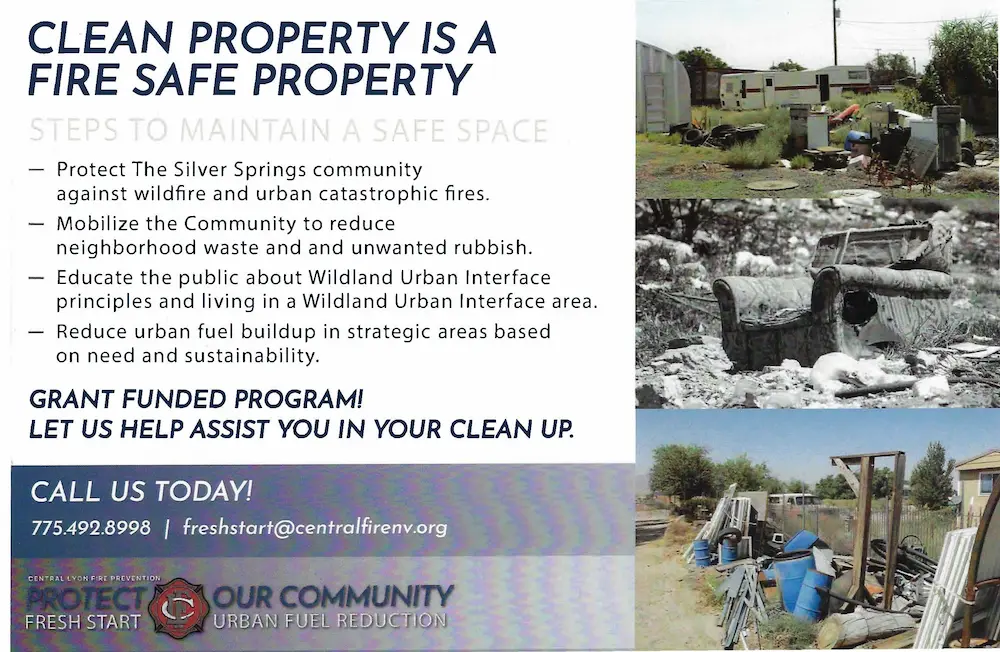 Flyer about wildfire prevention, community cleanup in Silver Springs, contact info, and images of property clutter.