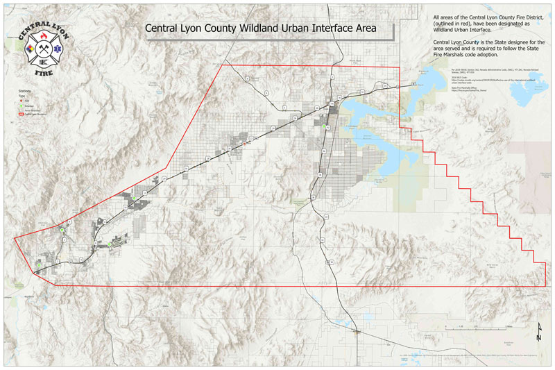 Map of Central Lyon County's Wildland Urban Interface Area, bordered in red, showing fire district zones and stations.