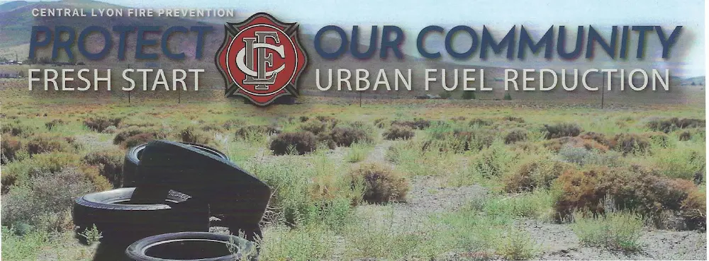 Tires on a field with text: "Central Lyon Fire Prevention. Protect Our Community. Fresh Start. Urban Fuel Reduction."