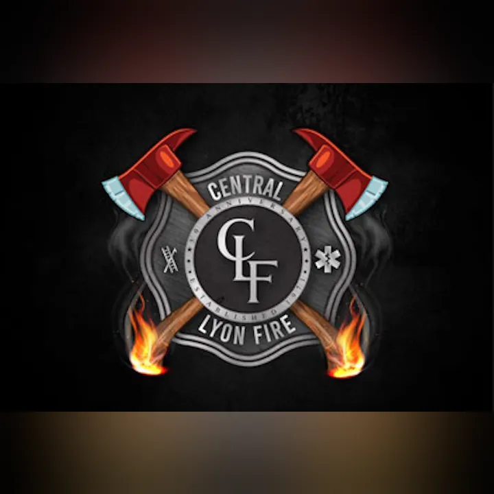 Emblem with crossed axes, flames, and text "Central Lyon Fire" surrounding a stylized "CLF" logo.