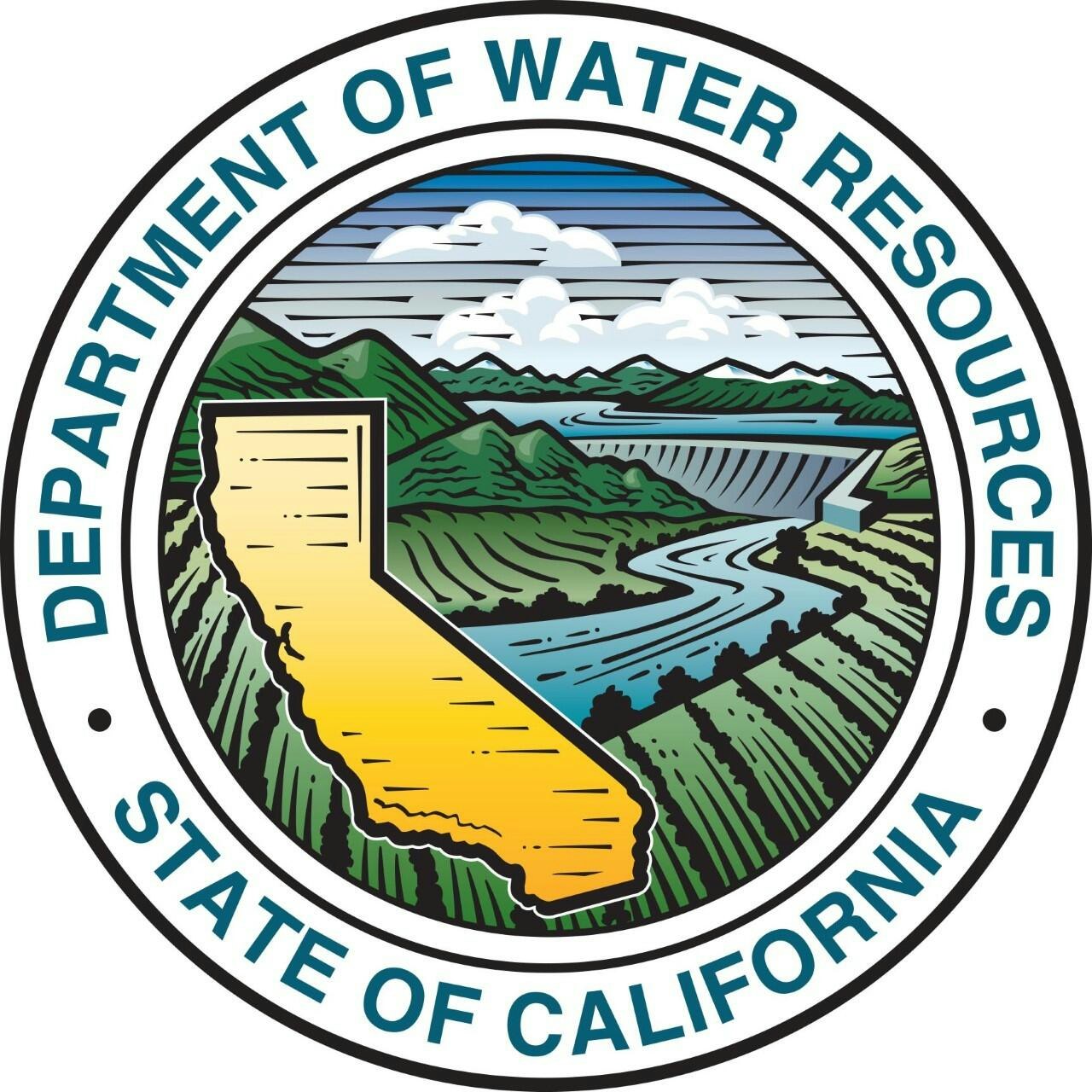 Seal of the Department of Water Resources, State of California, featuring a landscape and map of California.