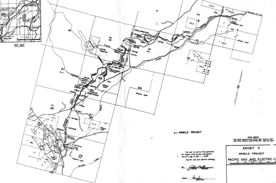 Map showing the Angels Project by Pacific Gas and Electric Company, with labeled plots and a key map.