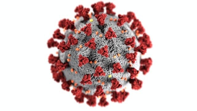 3D illustration of a coronavirus particle with red spike proteins on a gray spherical surface.