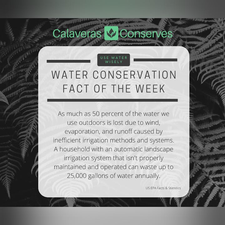 Water wastage fact: 50% of outdoor water is lost. Poor irrigation can waste 25,000 gallons annually.