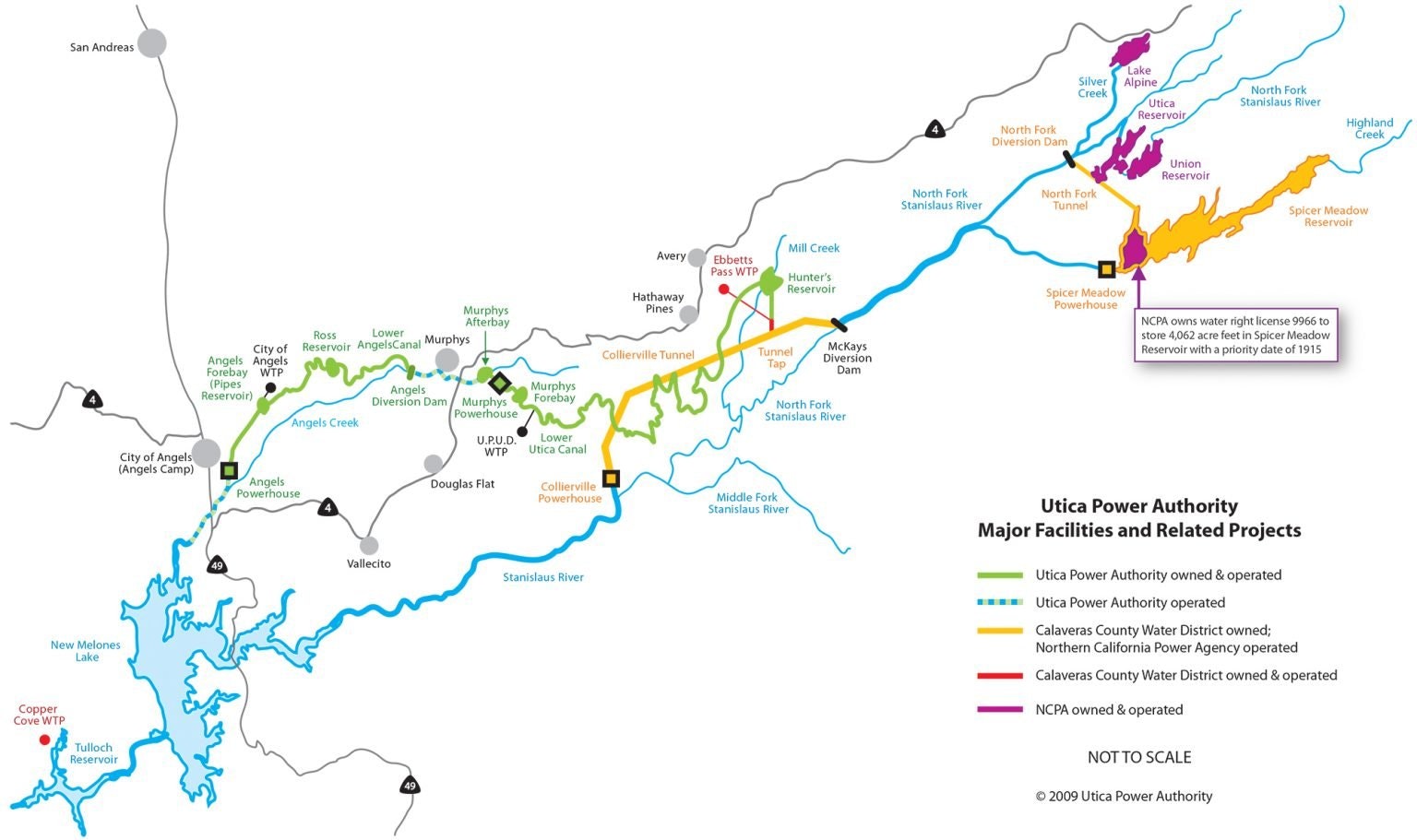 Map of Utica Power Authority's major facilities and projects, including rivers, reservoirs, powerhouses, and water treatment plants.