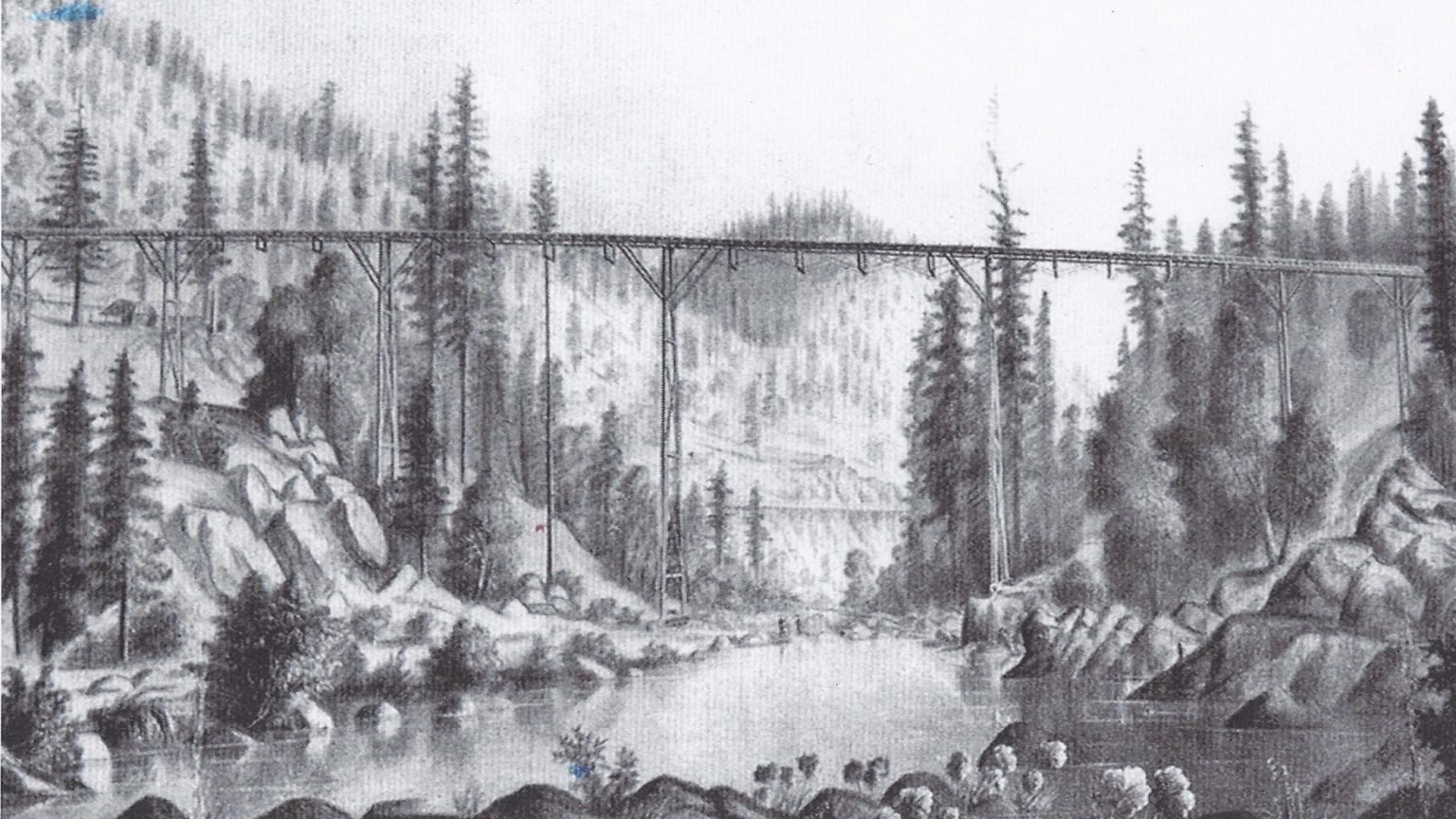A scenic drawing of a river with rocks and tall pine trees, featuring a railway bridge in the background among hills.