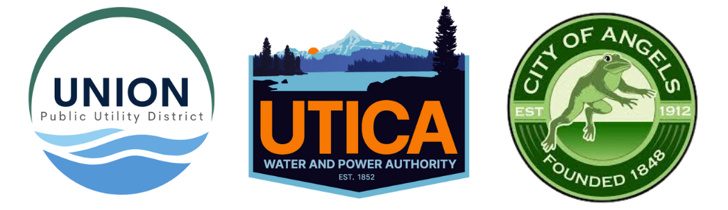 Three logos: Union Public Utility District, Utica Water and Power Authority, City of Angels with a frog emblem.