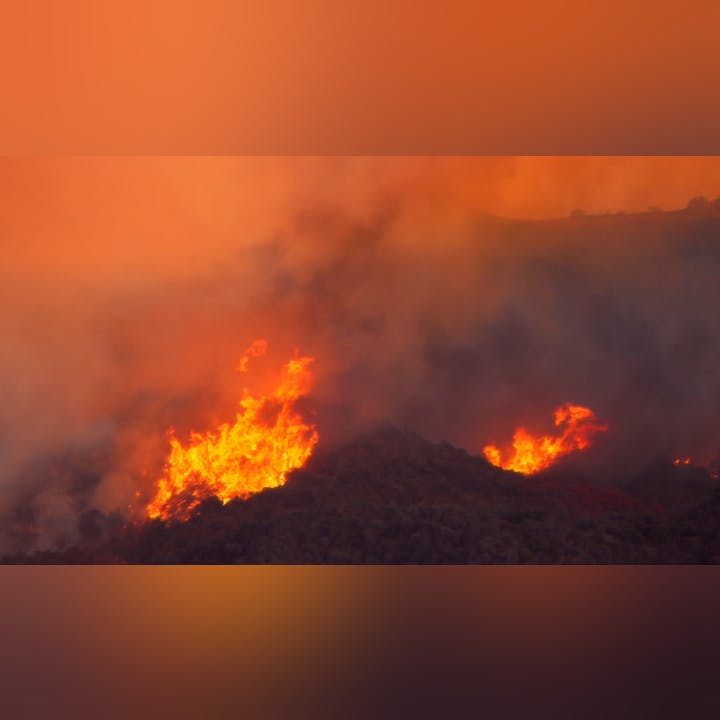 A large wildfire with bright flames engulfing vegetation, smoke rising into an orange sky.