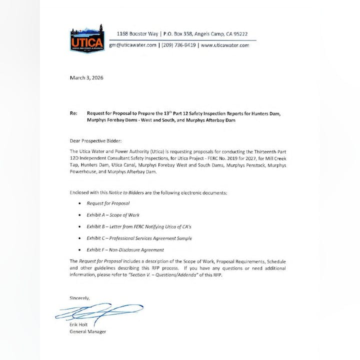 The document is a request for proposals for safety inspection reports on various dams by the Utica Water Authority.