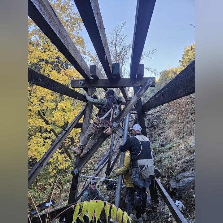 Workers constructing or repairing a wooden structure amidst a forest with autumn foliage.