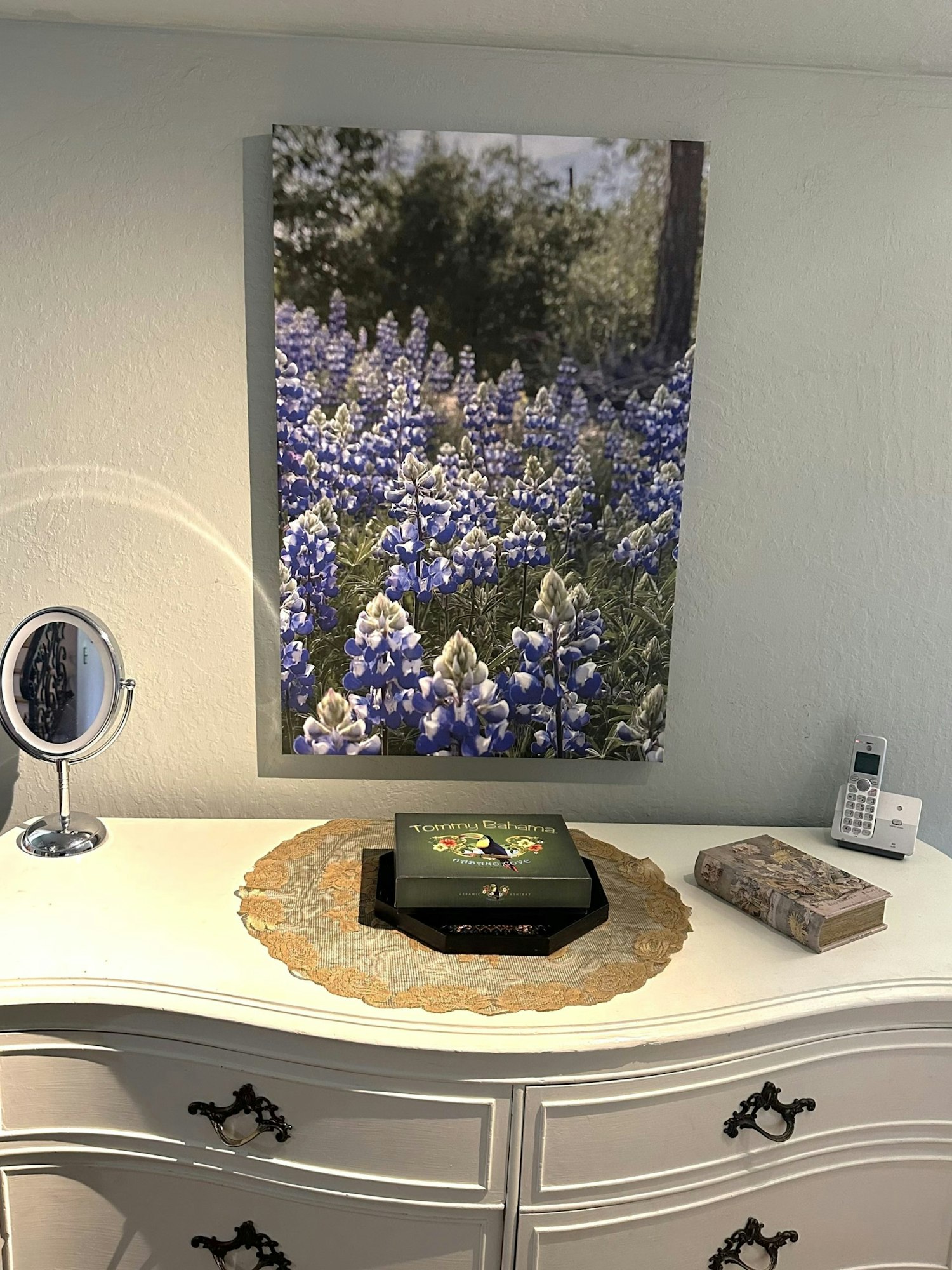Dresser with mirror, phone, book, and a box. Floral wall art above.