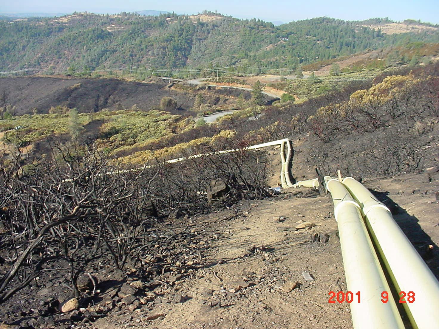 Charred landscape with burnt vegetation and pipelines on a hillside, set against a backdrop of green hills and trees.