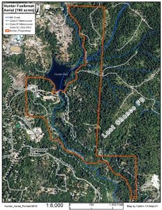 Map showing Hunter Foothills, trails, a lake, roads, and surrounding areas with marked boundaries and paths.