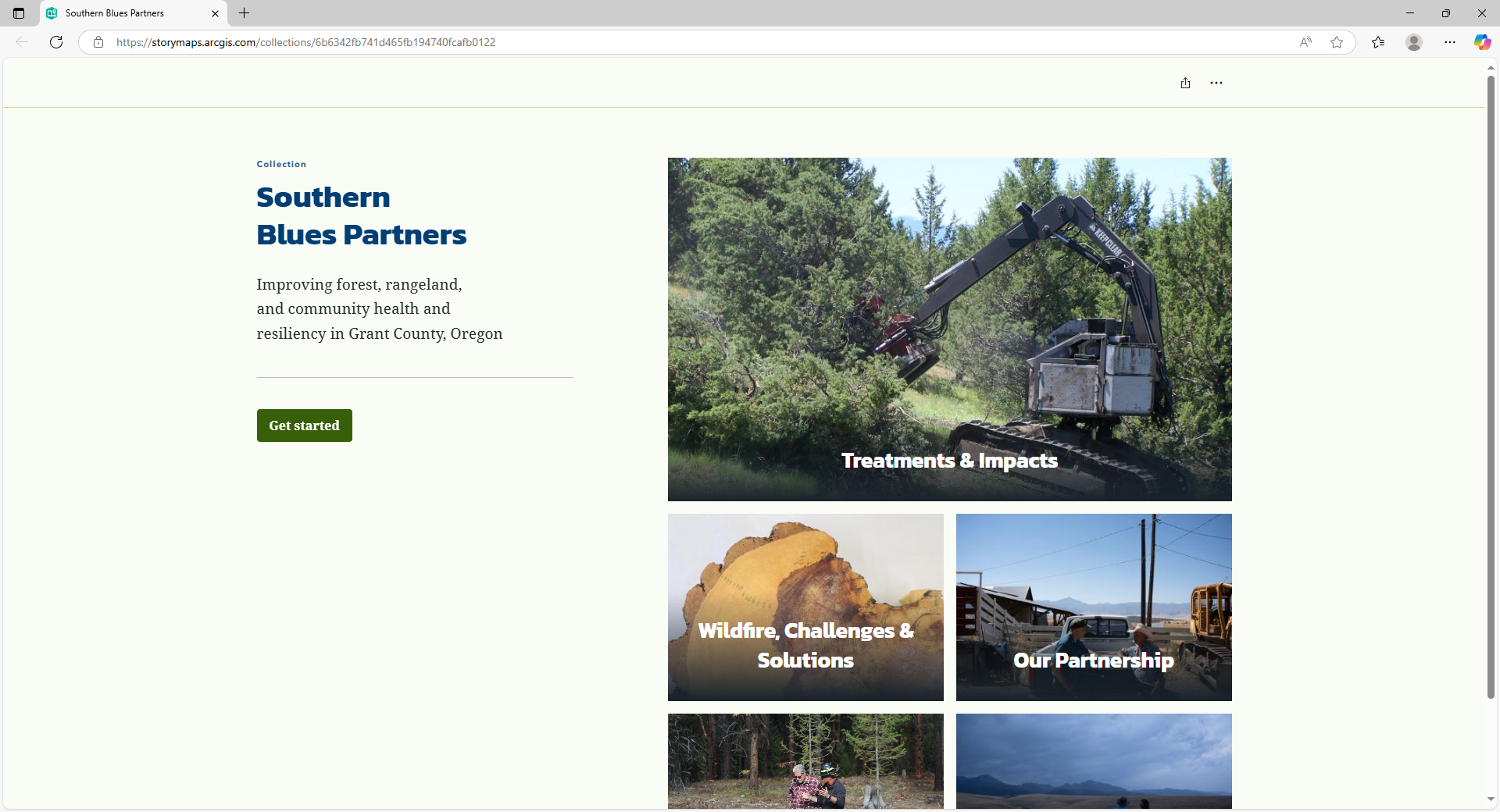 Story map about Southern Blues Partners improving forest and community health in Grant County, Oregon. Various sections highlighted.