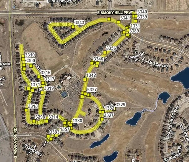 Aerial map of a residential area with highlighted paths or sections and labeled with numbers.