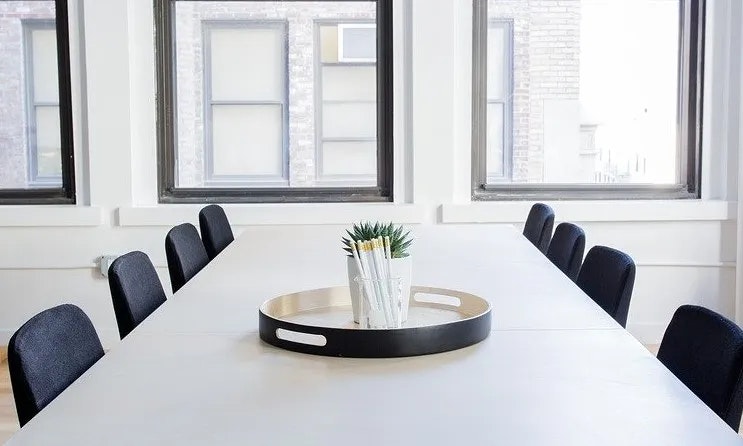 A minimalist conference room with a white table, chairs, and a tray with a plant on the table.