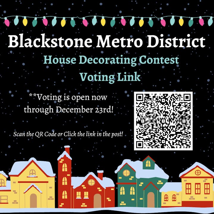 Poster for a house decorating contest with a voting QR code, dates, and colorful houses illustration.