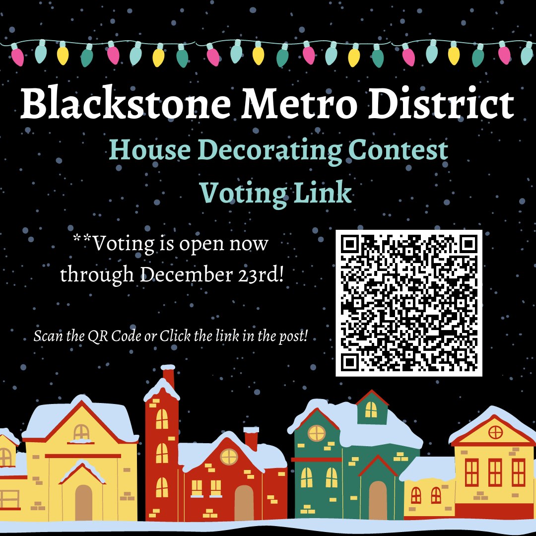Poster for a house decorating contest with a voting QR code, dates, and colorful houses illustration.
