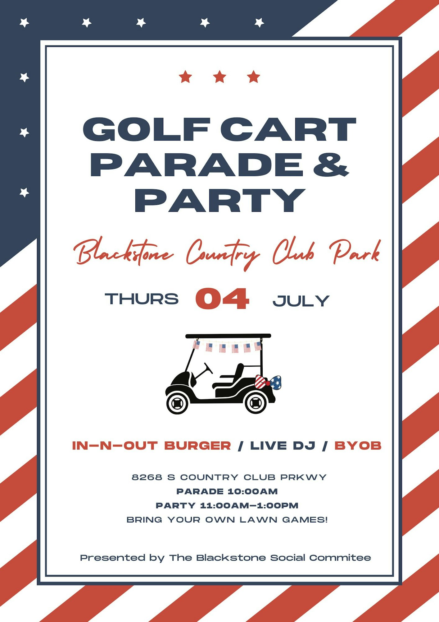 A poster for a Golf Cart Parade & Party event with details on date, time, location, food, entertainment and a reminder to bring games.