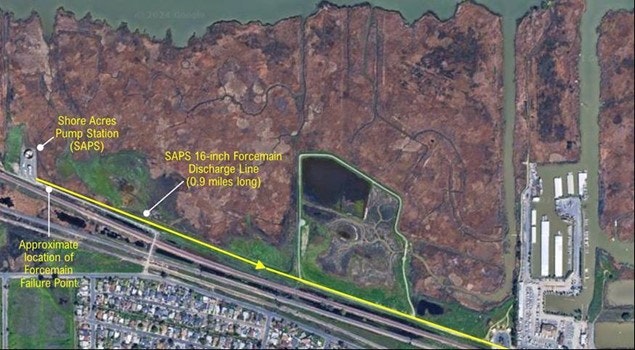 Satellite image showing Shore Acres Pump Station, SAPS 16-inch Forcemain Discharge Line, approximate failure point, and surrounding land.