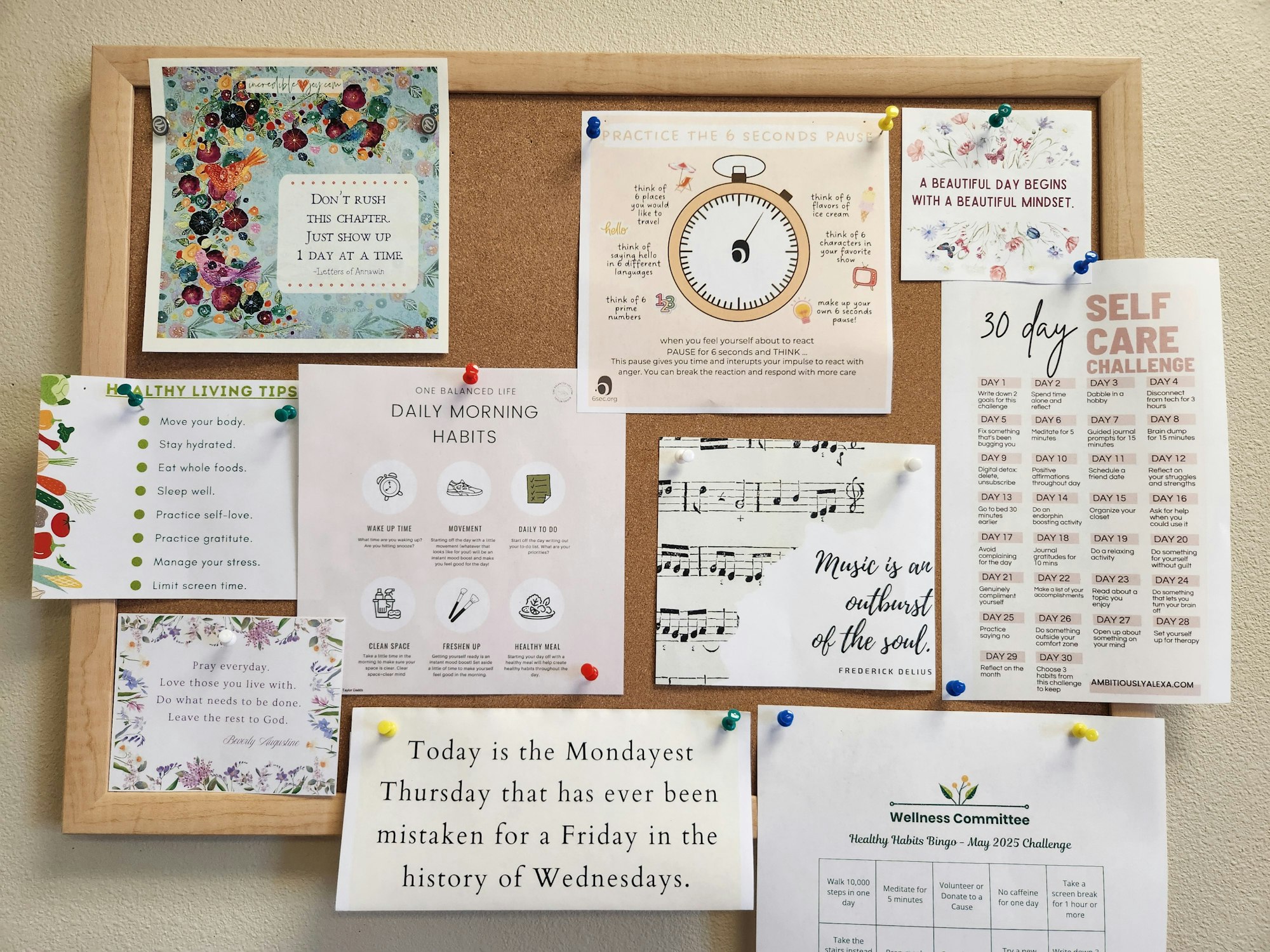 A bulletin board with motivational quotes, tips for healthy living, and a 30-day self-care challenge.