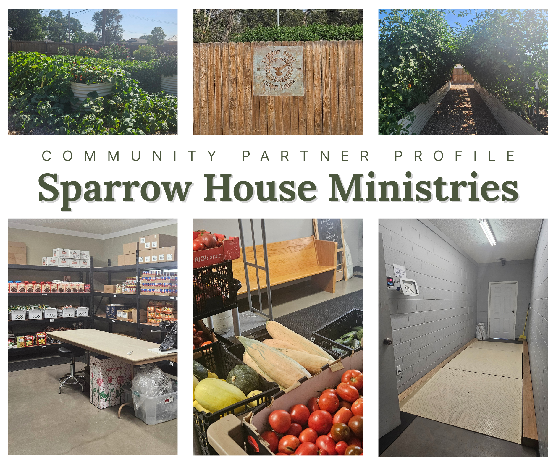 Collage of gardens, produce, indoor storage, and a weighing room at Sparrow House Ministries.