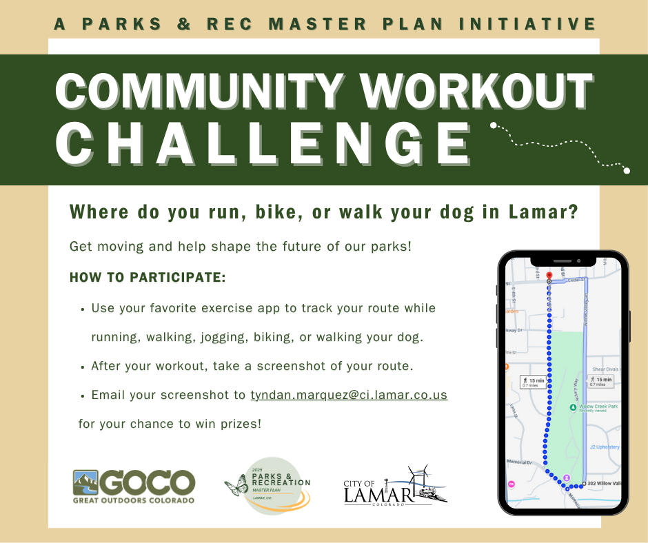 Community Workout Challenge: Track your route via an app in Lamar. Email your screenshot to enter and win prizes.
