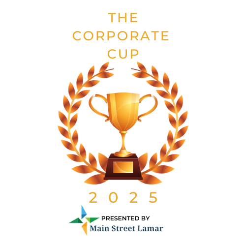 Gold trophy with laurel wreath, "The Corporate Cup 2025," presented by Main Street Lamar.