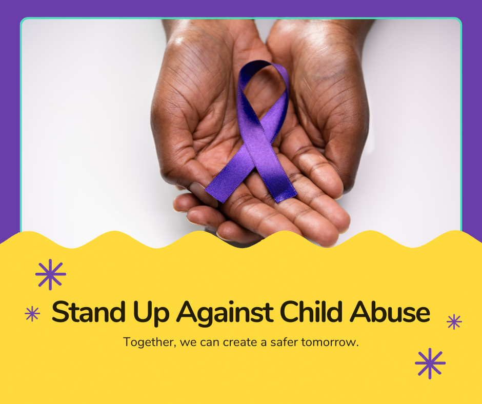 Hands holding a purple ribbon with the message "Stand Up Against Child Abuse."