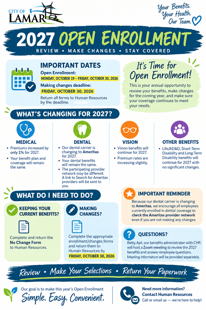 Image outlines the 2027 Open Enrollment for City of Lamar, key dates, changes in medical, dental, and vision benefits, and reminders.