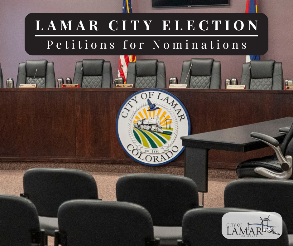 Lamar City Election: Petitions for Nominations. Image shows an empty council room with the City of Lamar seal.