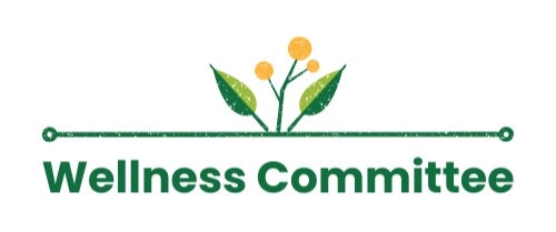 "Wellness Committee" text with a floral design featuring yellow circles and green leaves above it.