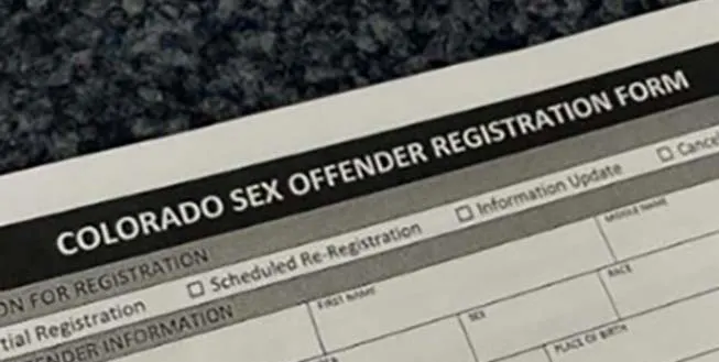 The image shows a "Colorado Sex Offender Registration Form" with sections for personal and offender information.