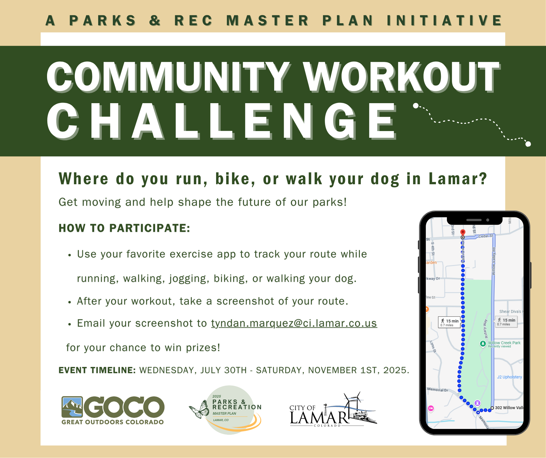 Community Workout Challenge in Lamar: Track activities with an app, send a route screenshot by email for a chance to win prizes.