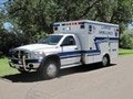 An ambulance parked on a tree-lined road.