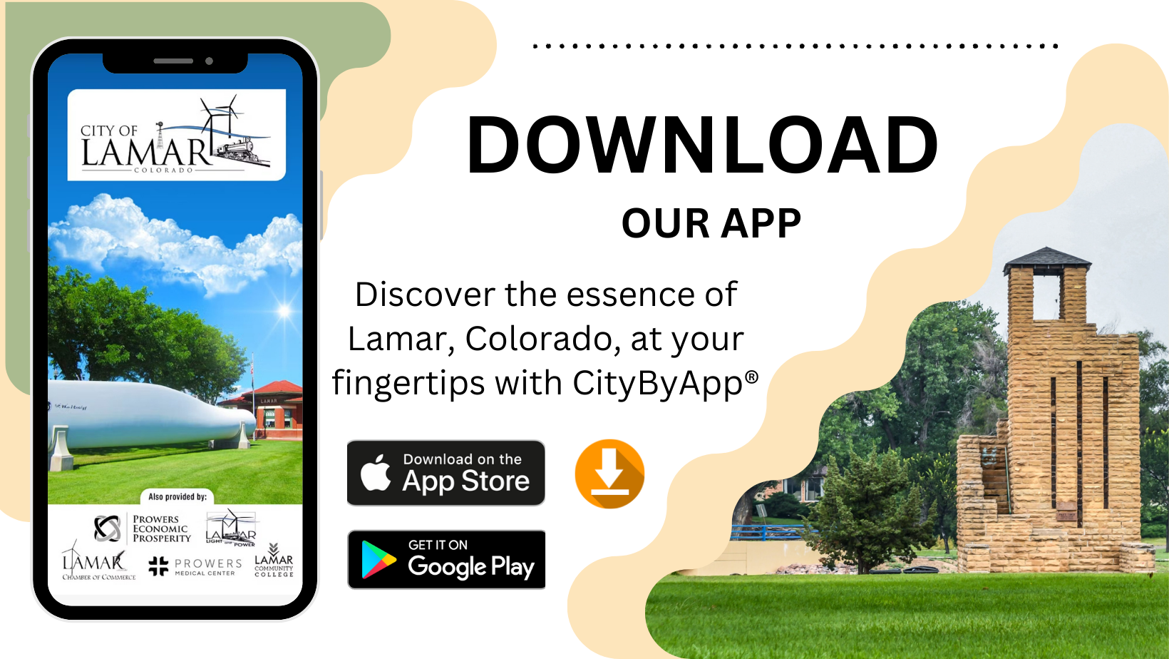 Image promotes the City of Lamar, Colorado app, encouraging users to download it for local information and services.
