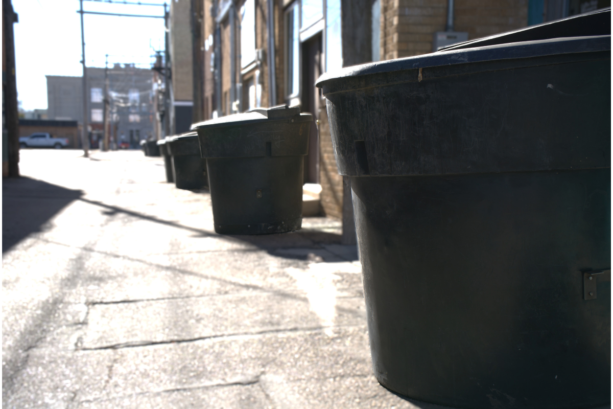 Trash bins lined up in a sunny alley.