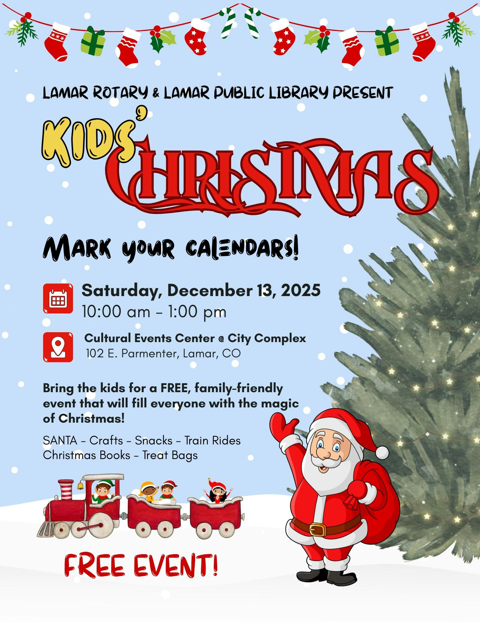 Kids' Christmas event on Dec 13, 2025, at Lamar's Cultural Events Center. Free activities with Santa, crafts, and snacks!