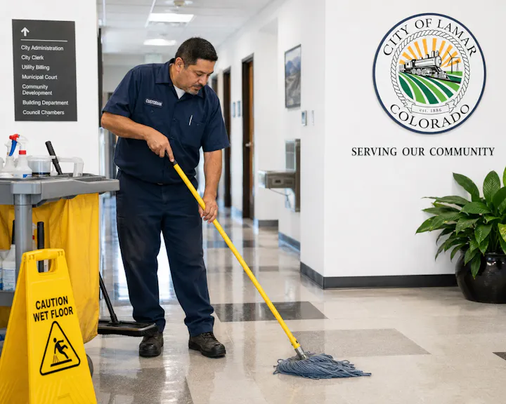 A custodian mops a floor in a municipal building, with a "Caution Wet Floor" sign and signage for city departments visible.