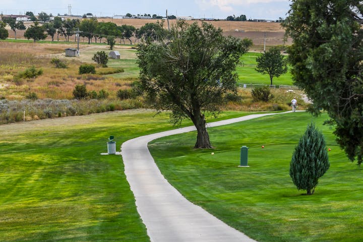 A winding path through a lush green landscape with trees and a person walking, set in a rural area.