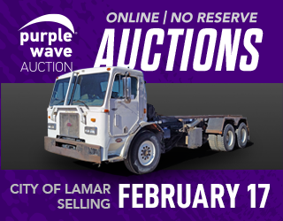 Image promotes an online, no-reserve auction by Purple Wave for a vehicle, scheduled for February 17 in Lamar.