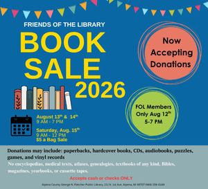 Library book sale on Aug 13-15, 2026. Donations accepted; no encyclopedias. Cash/checks only. FOL member early access on Aug 12.