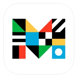 The image shows a colorful, geometric logo featuring a stylized letter "M" with various shapes and colors.