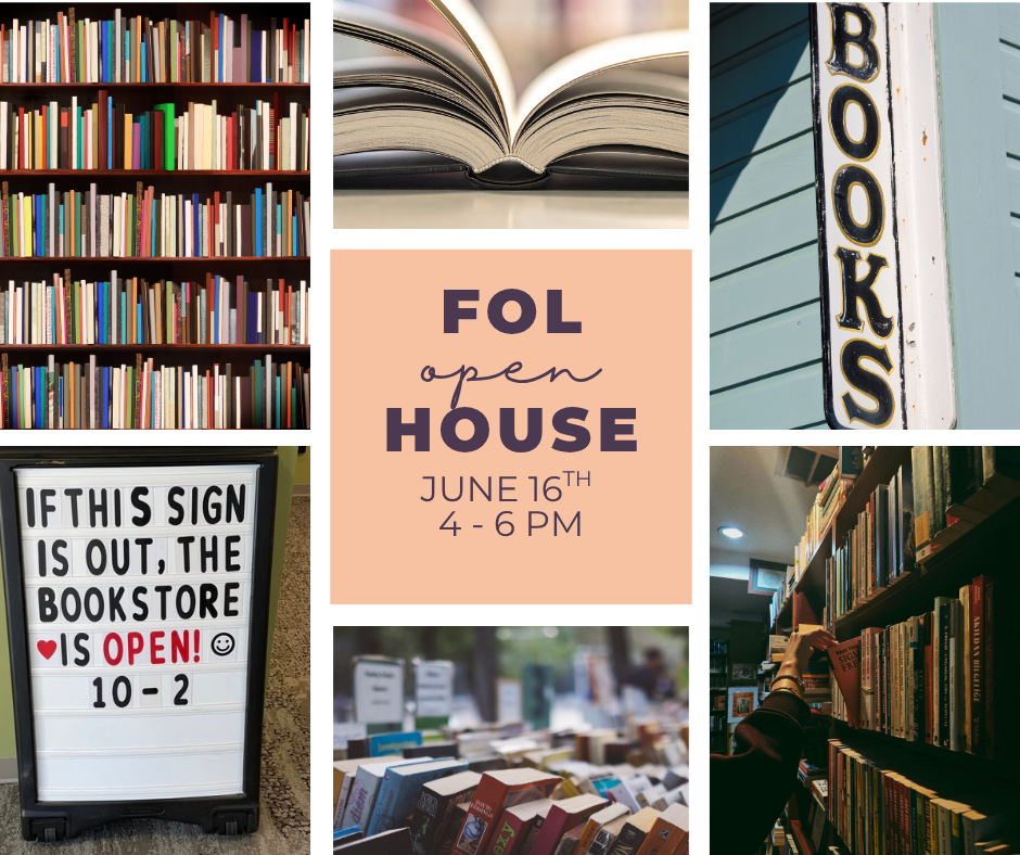A collage promoting a bookstore open house event on June 16th, featuring bookshelves, a sign, and an open book.