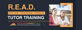 The image promotes "R.E.A.D. Online Training Videos" for tutor training, encouraging discovery and growth through a library program.