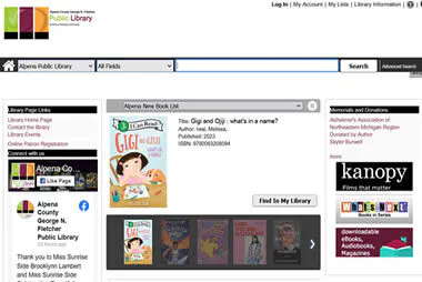 The image displays the Alpena Public Library homepage featuring a new book titled "Gigi and Oj: What's in a Name?" by Melissa.