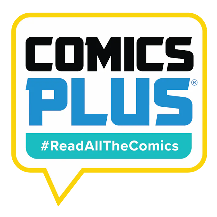 The image features the logo for "Comics Plus" with the hashtag #ReadAllTheComics, promoting comic reading.