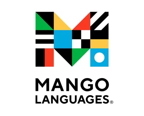 The image features the logo of Mango Languages, showcasing a bold, colorful design with geometric shapes forming an "M."