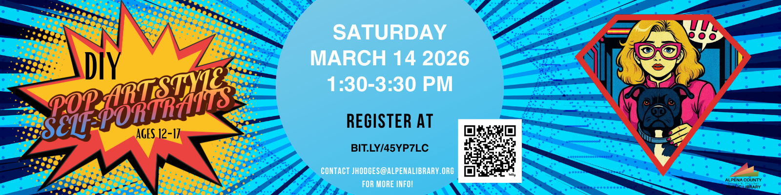 DIY pop art self-portraits workshop for ages 12-17 on March 14, 2026, from 1:30-3:30 PM. Register at the provided link.