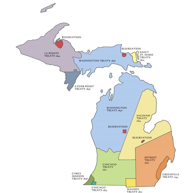 The image is a map of Michigan showing various historical treaties and reservations, labeled by name and year.